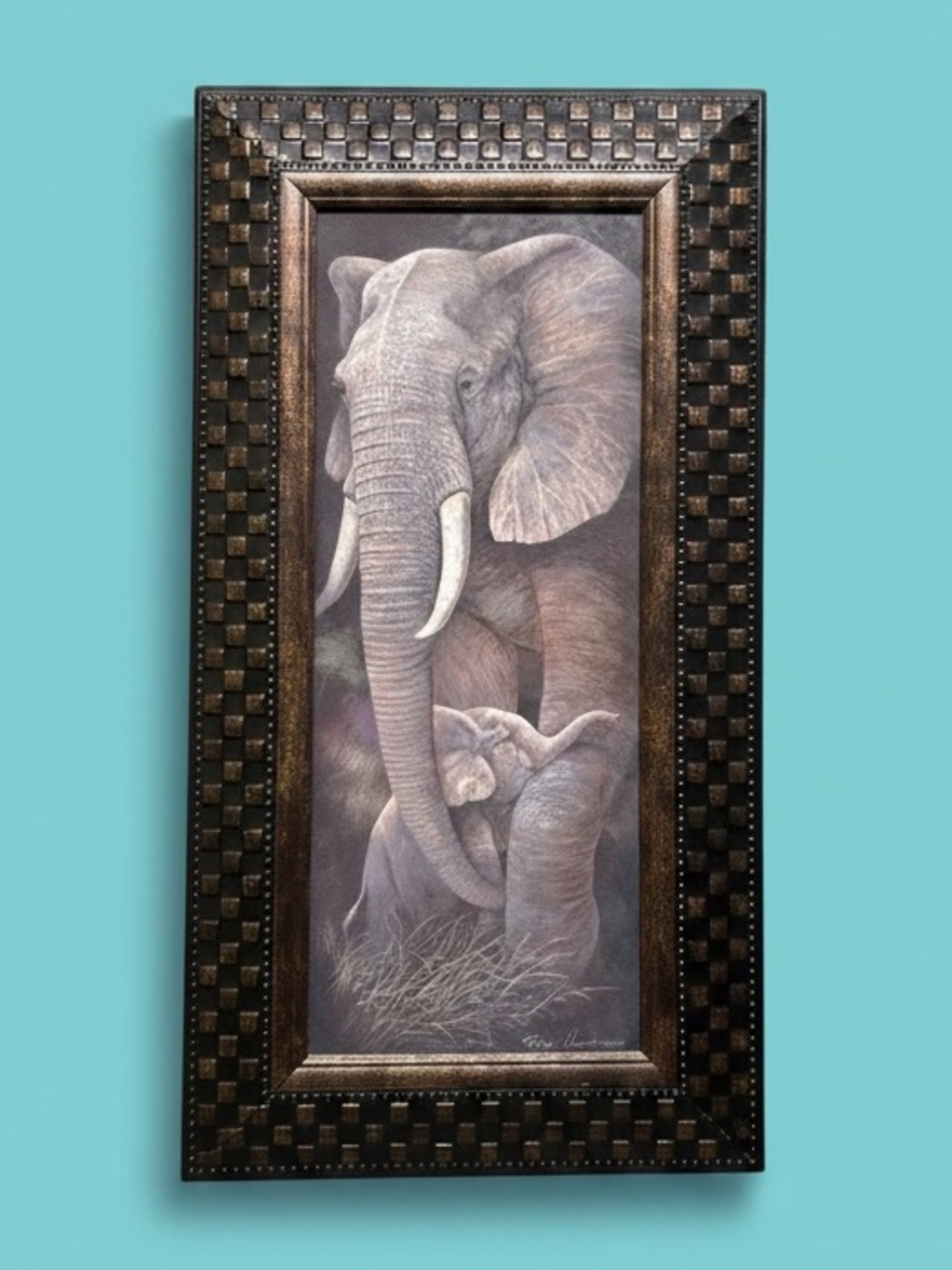 "Protective Care" by Ruane Manning – Framed Elephant & Calf Art Print